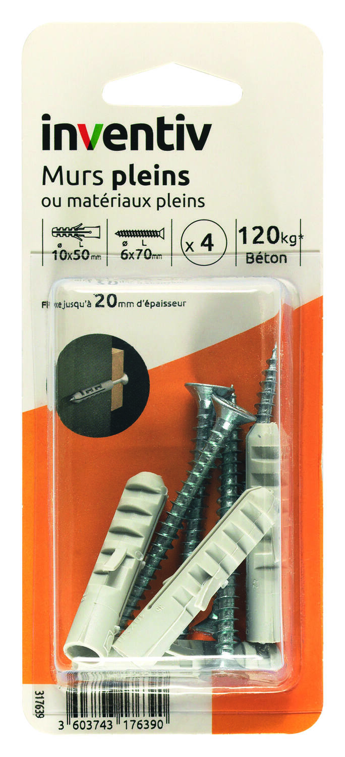 4 Chevilles Matériaux Pleins Ø10x50mm + Vis TF Ø6x70mm - INVENTIV