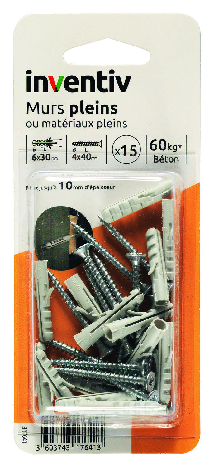 15 Chevilles Matériaux Pleins Ø6x30mm + Vis TF Ø4x40mm - INVENTIV