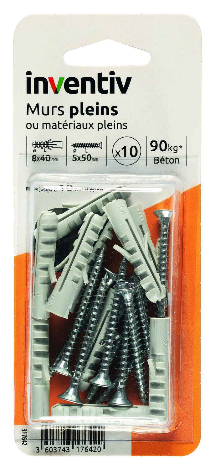 10 Chevilles Matériaux Pleins Ø8x40mm + Vis TF Ø5x50mm - INVENTIV