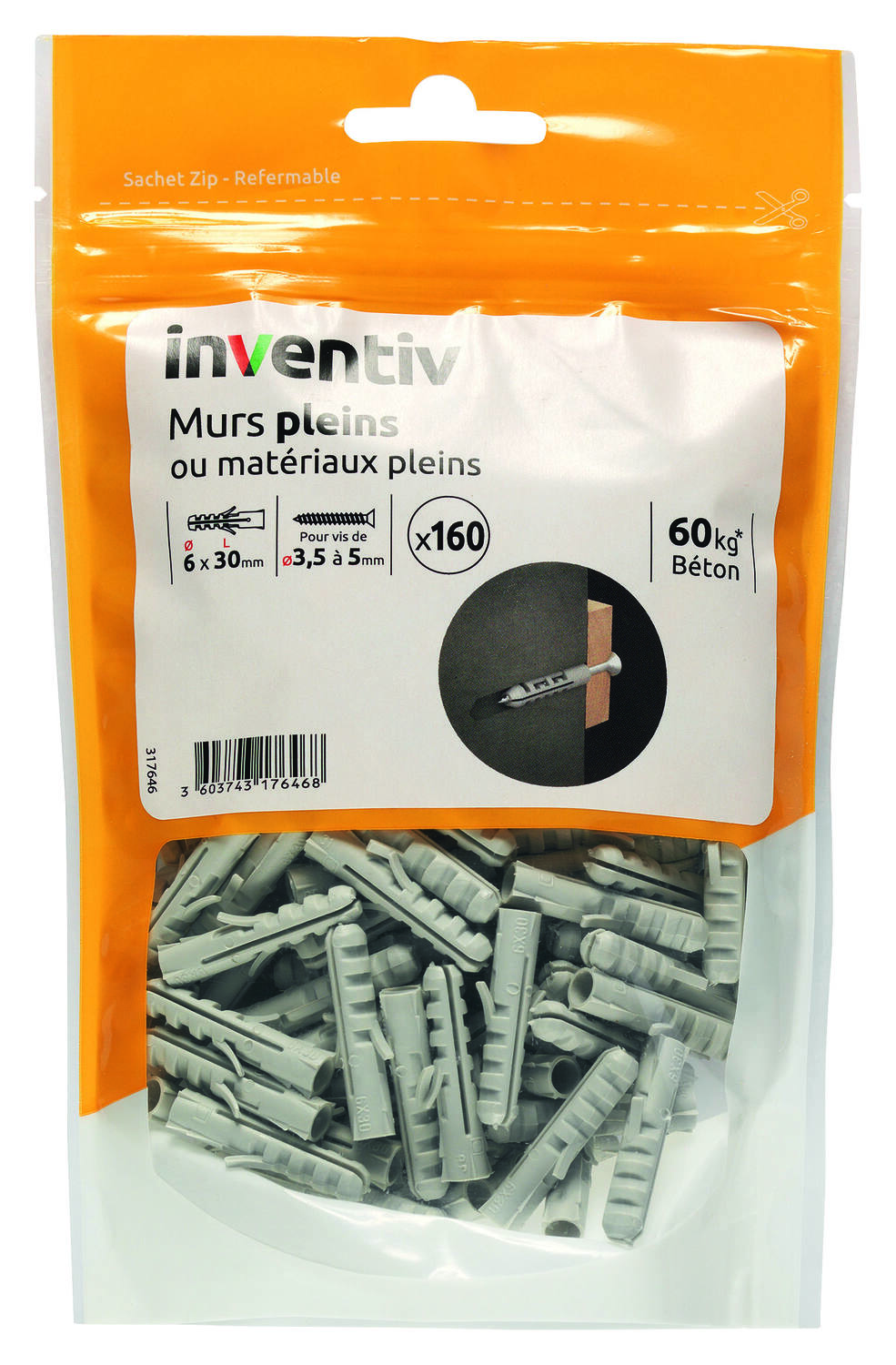 160 Chevilles Nylon Matériaux Pleins Ø6x30mm - INVENTIV