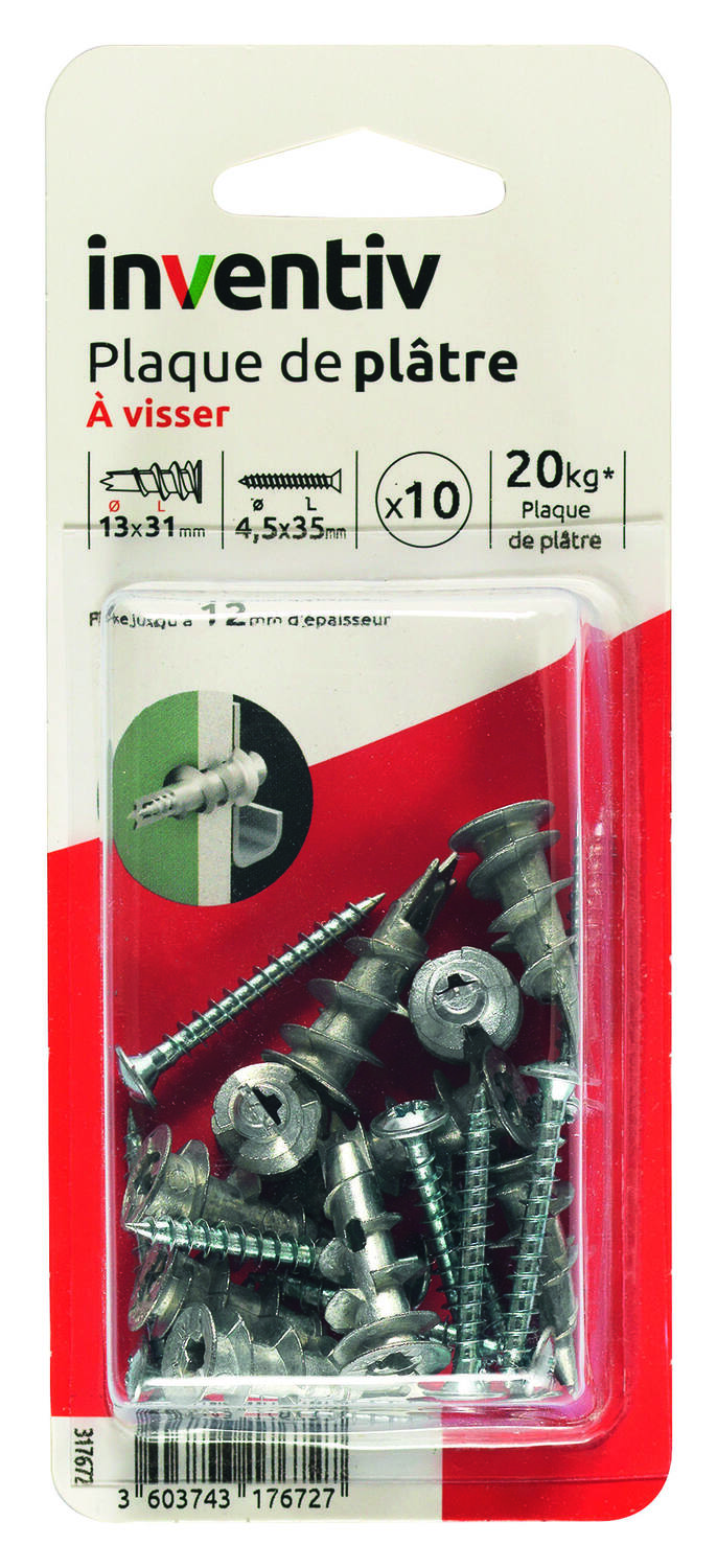 10 Chevilles Métal à Visser + Vis TR Ø4,5x35mm - INVENTIV