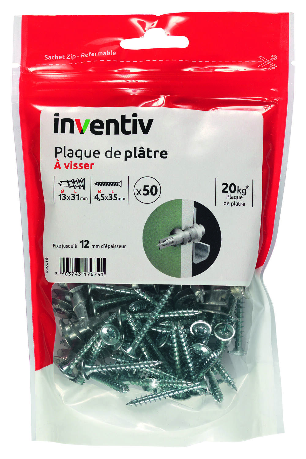 50 Chevilles Métal à Visser + Vis TR Ø4,5x35mm - INVENTIV