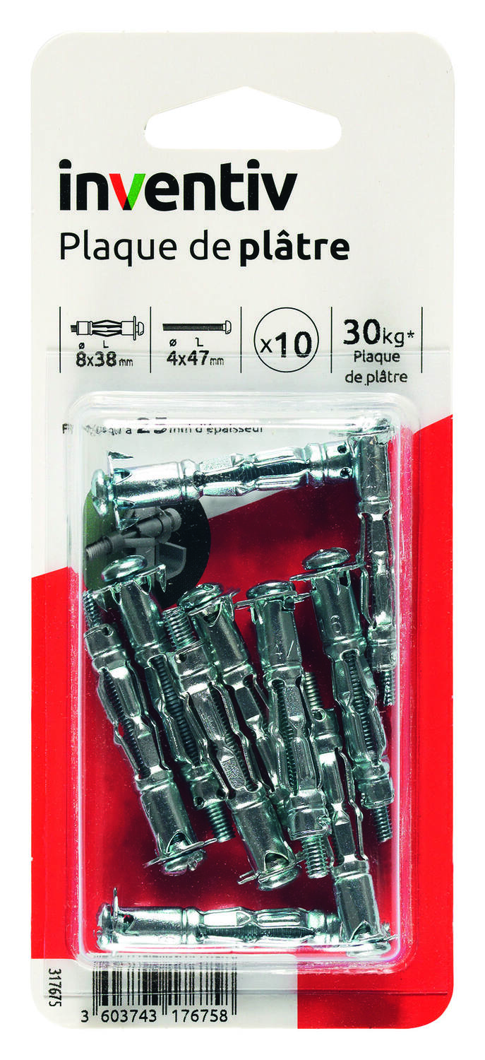 10 Chevilles Plaque Plâtre Ø8x38mm + Vis TR Ø4x47mm - INVENTIV