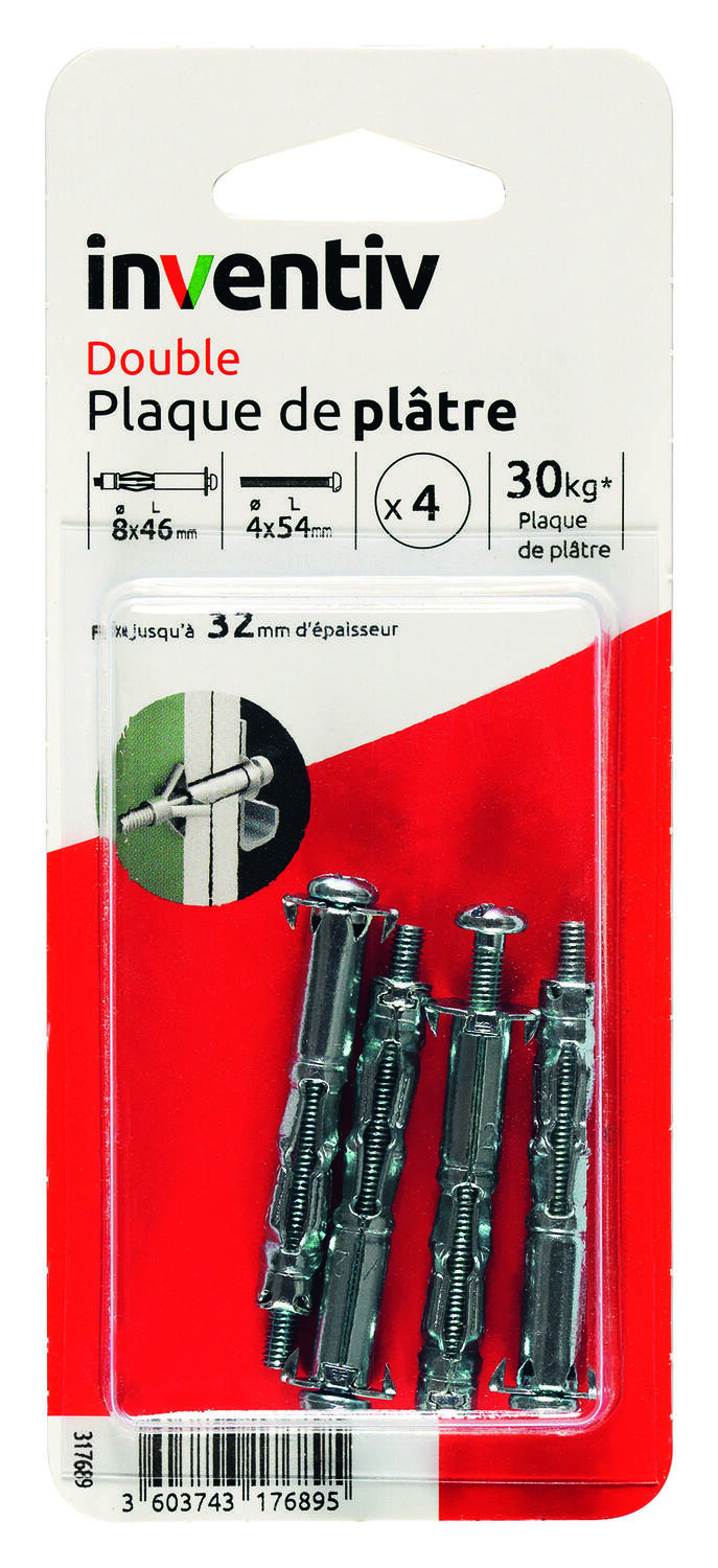 4 Chevilles Double Plaque Plâtre Ø8x46mm + Vis TR Ø4x54mm – INVENTIV