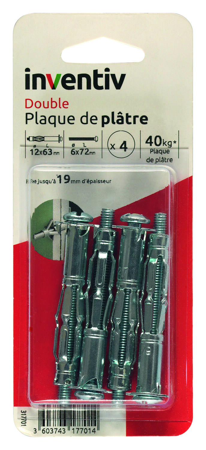 4 Chevilles Double Plaque Plâtre Ø12x63mm + Vis TR Ø6x72mm - INVENTIV