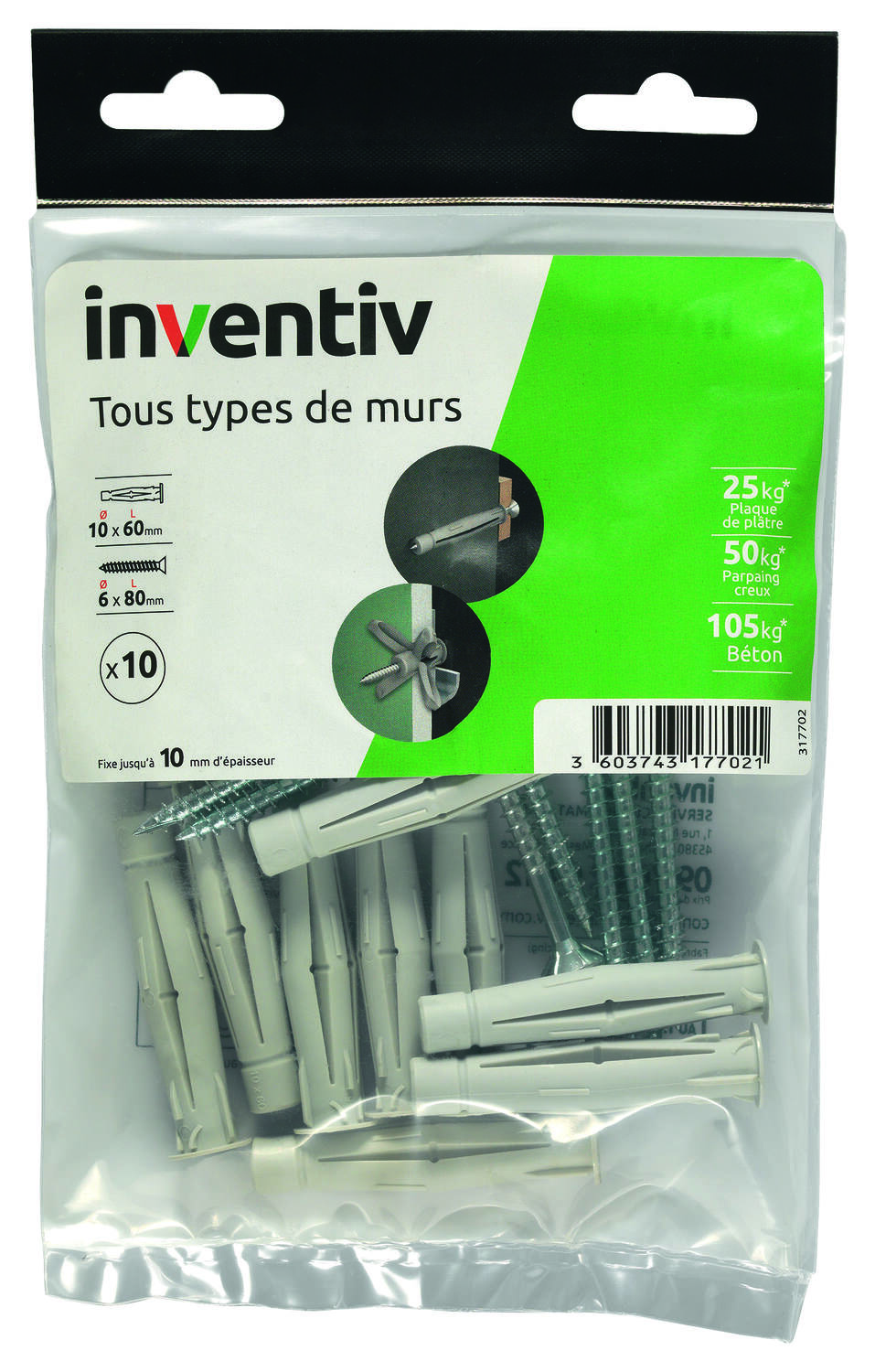 10 Chevilles Tous Matériaux Ø10x60mm + Vis TF  Ø6x80mm - INVENTIV