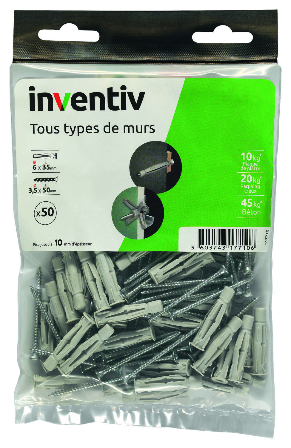 50 Chevilles Tous Matériaux Ø6x35mm + Vis TF  Ø3,5x50mm - INVENTIV