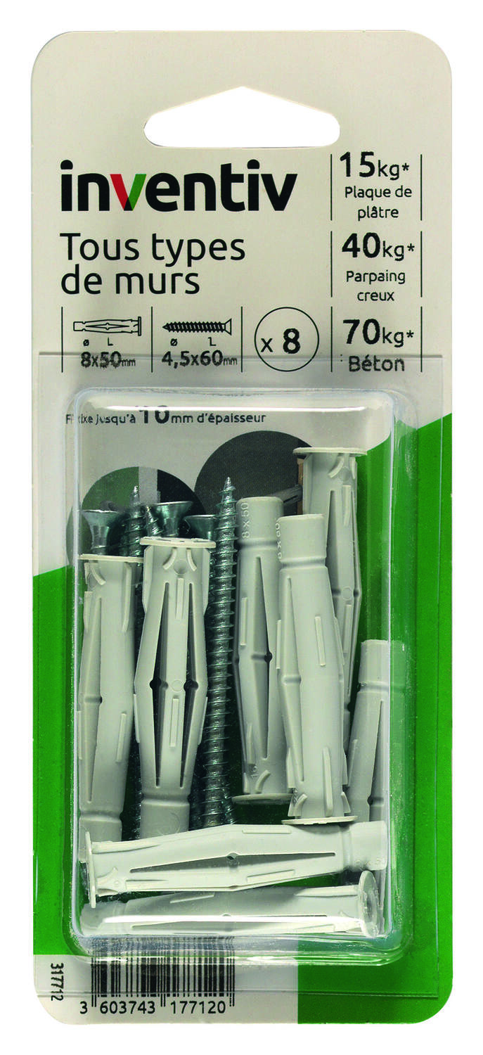 8 Chevilles Tous Matériaux Ø8x50mm + Vis TF  Ø4,5x60mm - INVENTIV