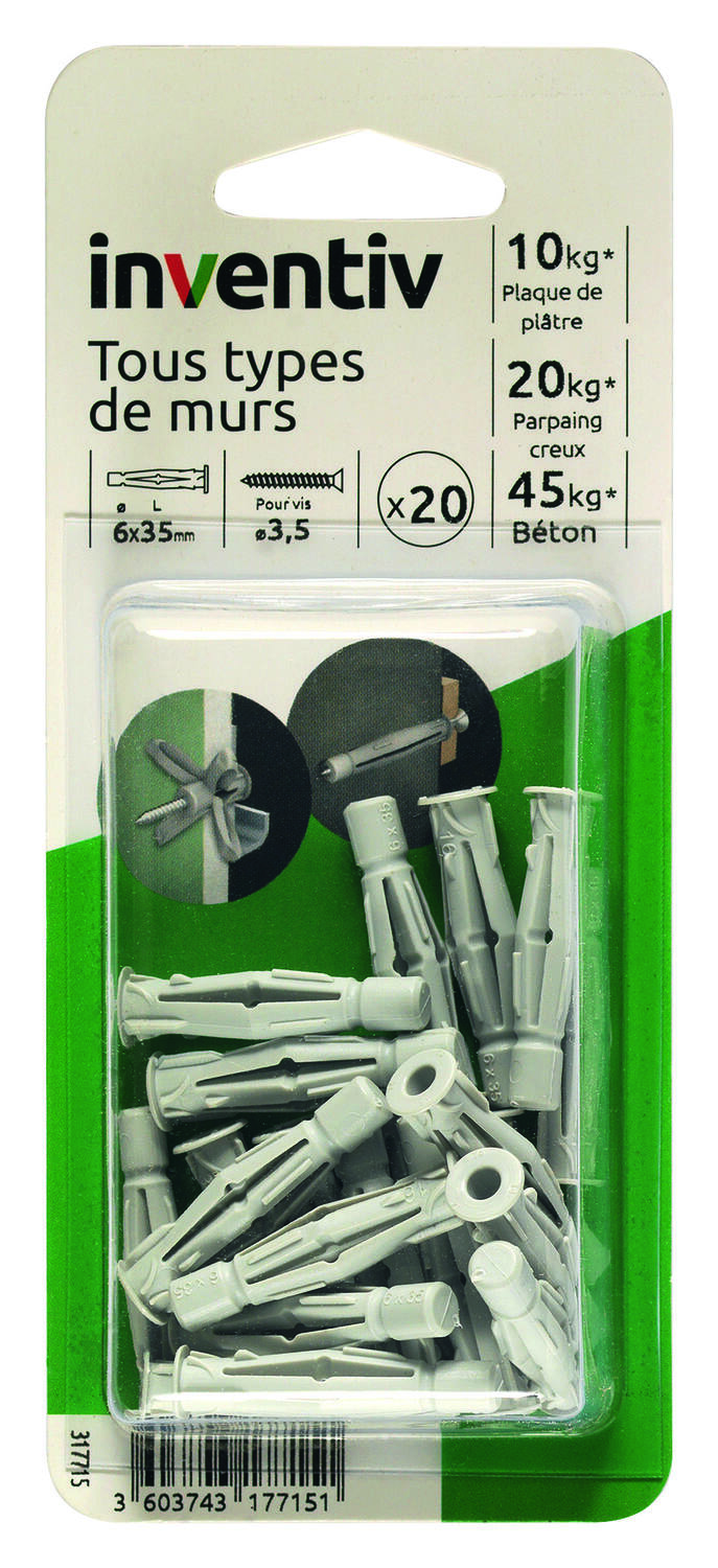 20 Chevilles Nylon Tous Matériaux Ø6x35mm - INVENTIV