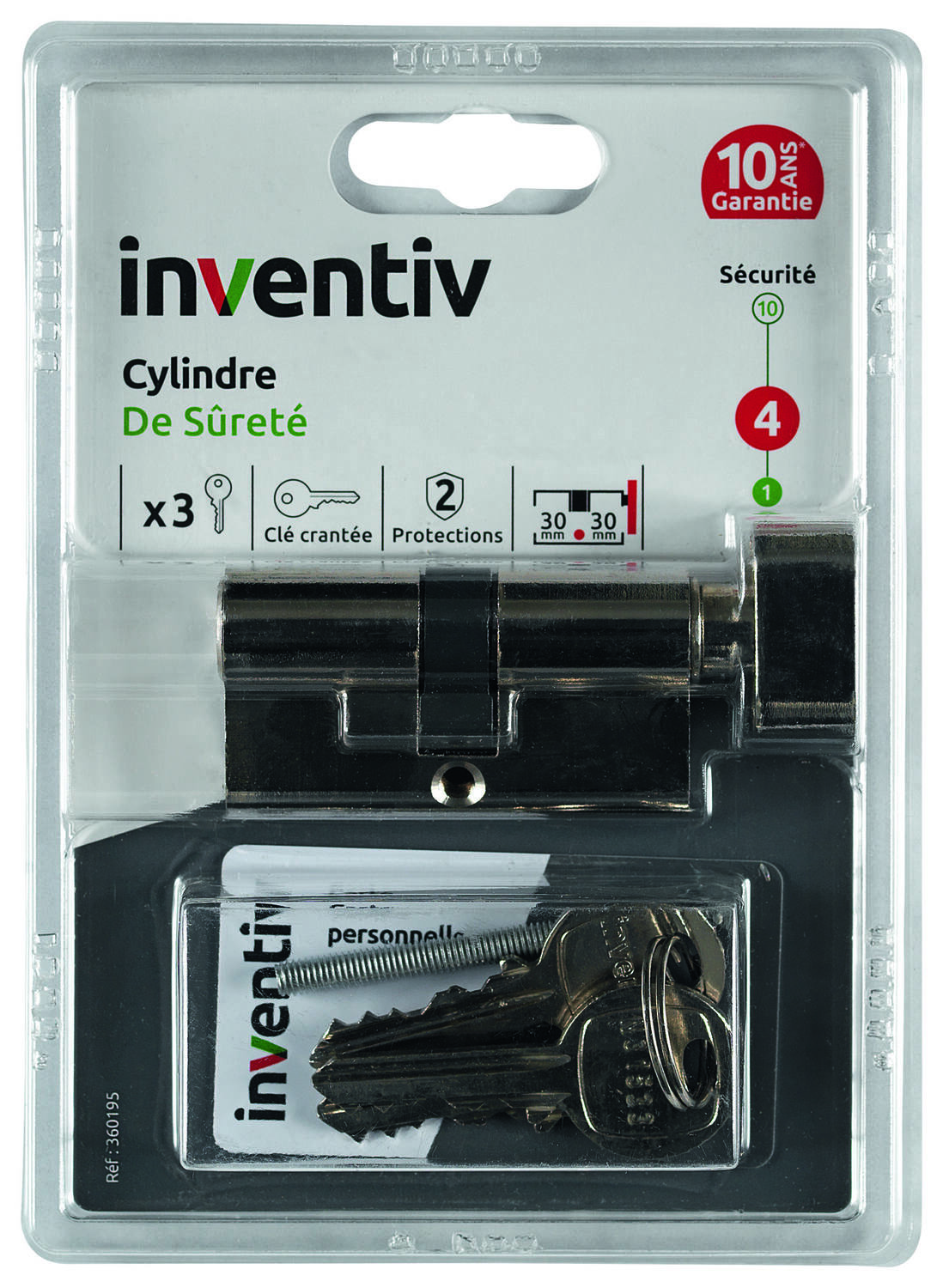 Cylindre de Serrure Surêté L.30+30mm Avec Bouton - INVENTIV