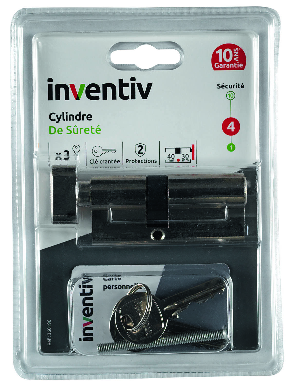 Cylindre de Serrure Surêté L.30+40mm Avec Bouton - INVENTIV