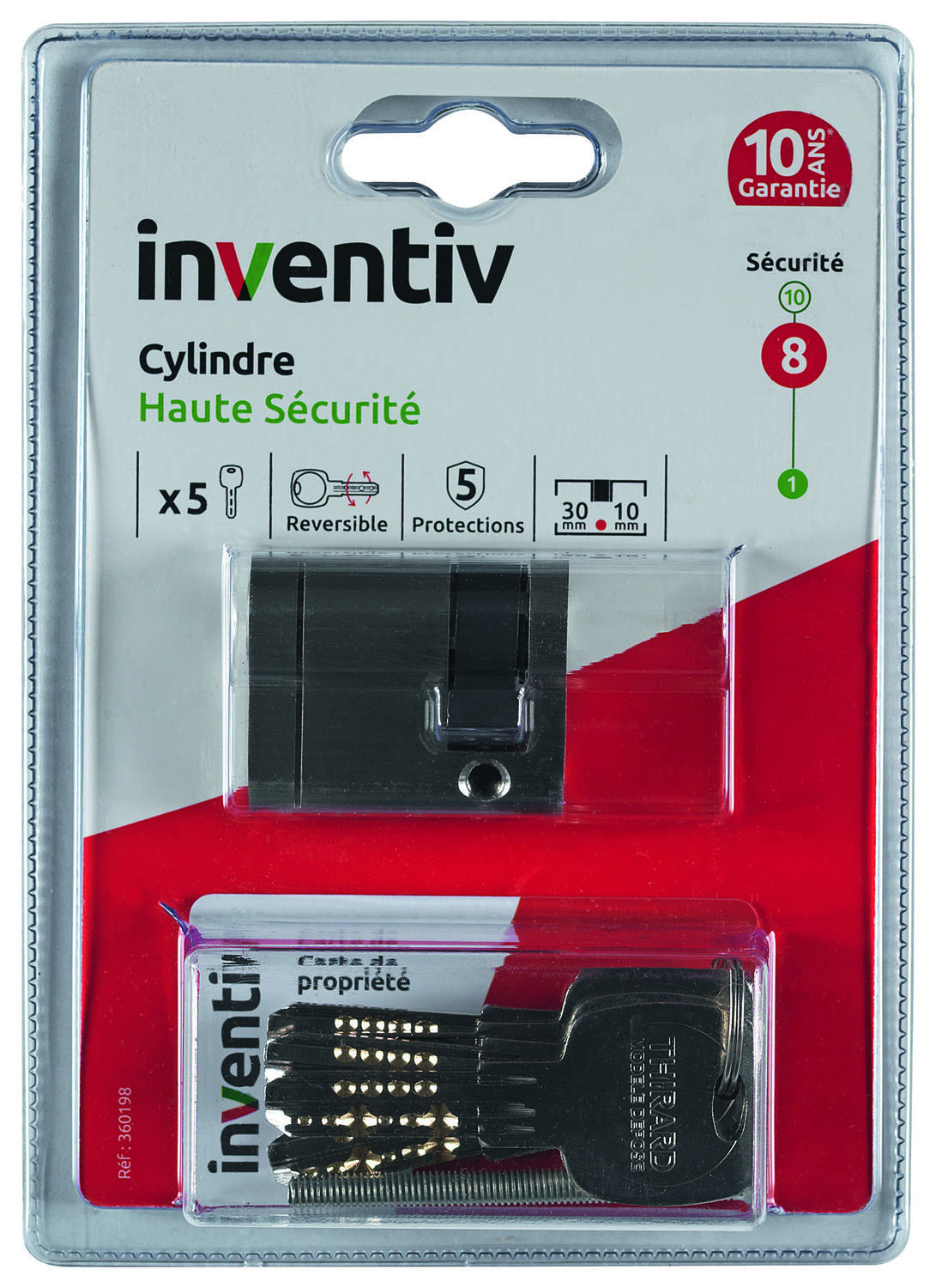 Cylindre de Serrure Haute Sécurité 5 Protections L.30+10mm - INVENTIV
