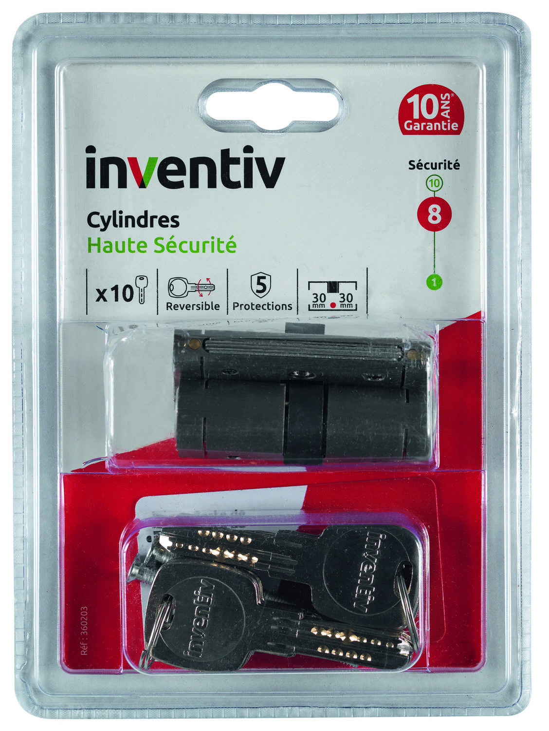 2 Cylindres Haute Sécurité 5 Protections 30x30mm + 10 Clés - INVENTIV