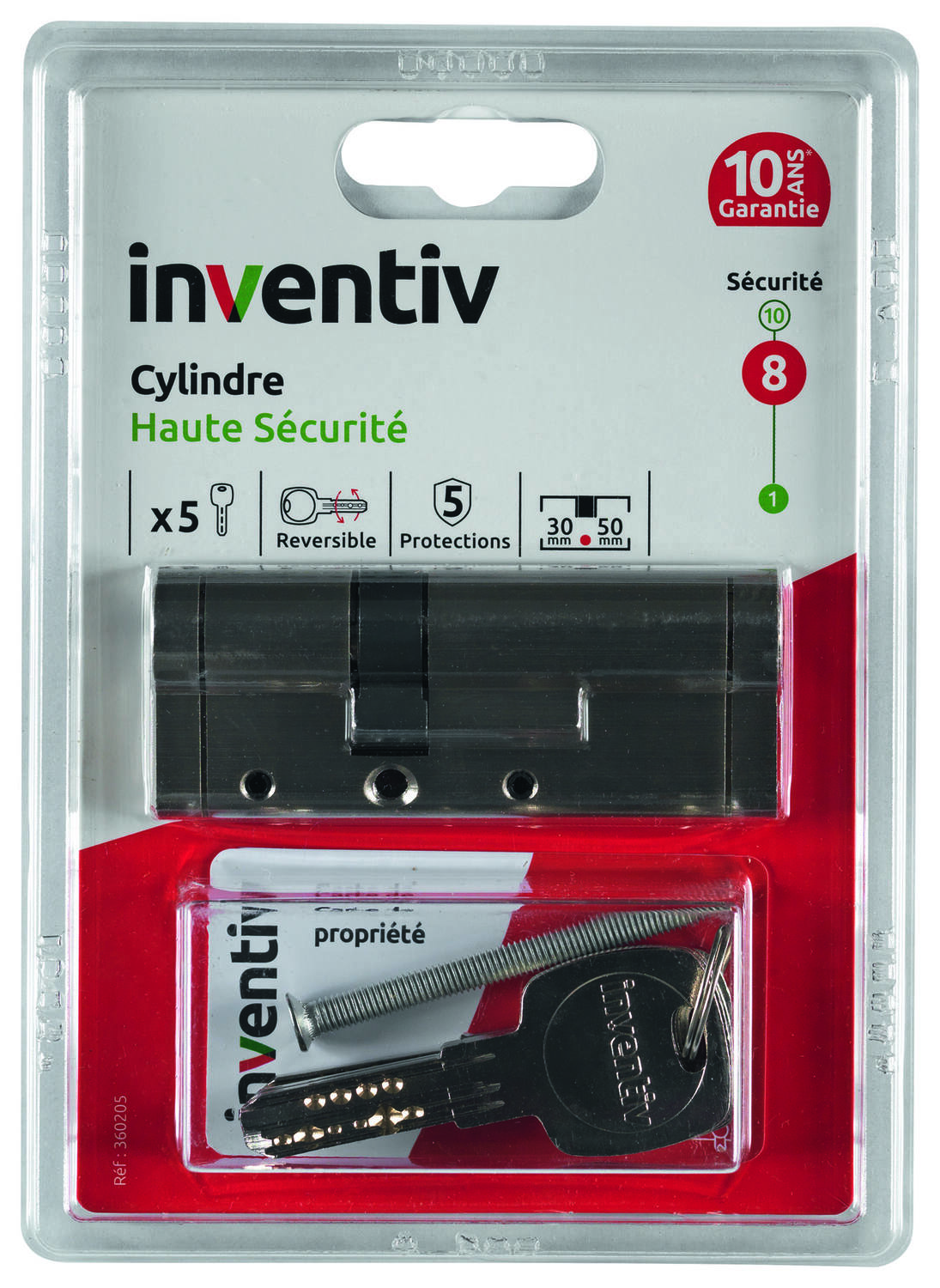 Cylindre de Serrure Haute Sécurité 5 Protections L.30+50mm - INVENTIV