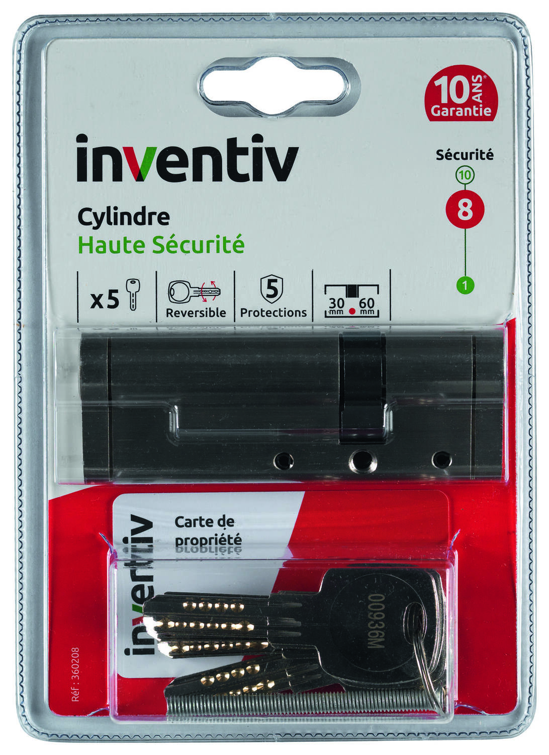 Cylindre de Serrure Haute Sécurité 5 Protections L.30+60mm - INVENTIV