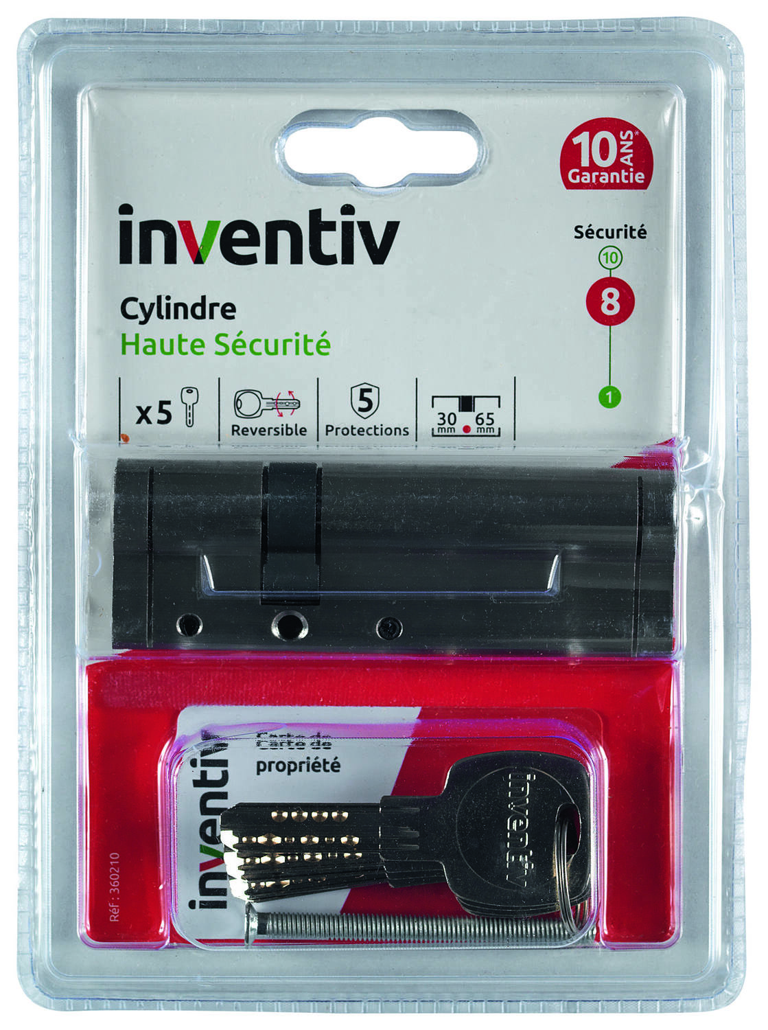 Cylindre de Serrure Haute Sécurité 5 Protections L.30+65mm - INVENTIV