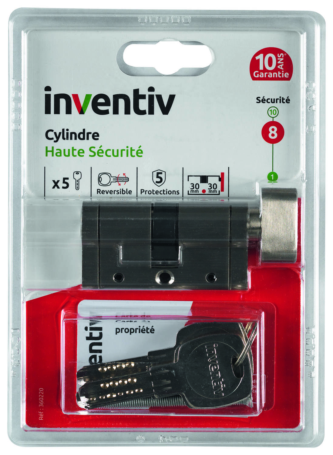 Cylindre de Serrure Haute Sécurité 5 Protections L.30+30mm - INVENTIV