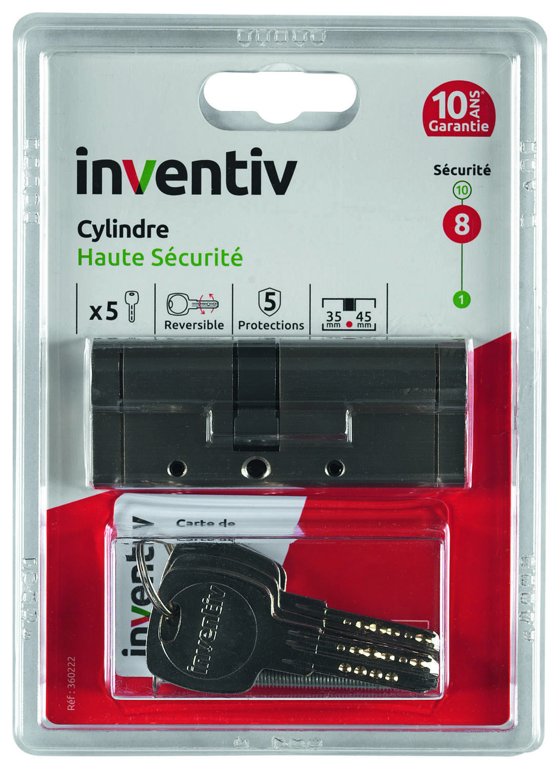Cylindre de Serrure Haute Sécurité 5 Protections L.35+45mm - INVENTIV