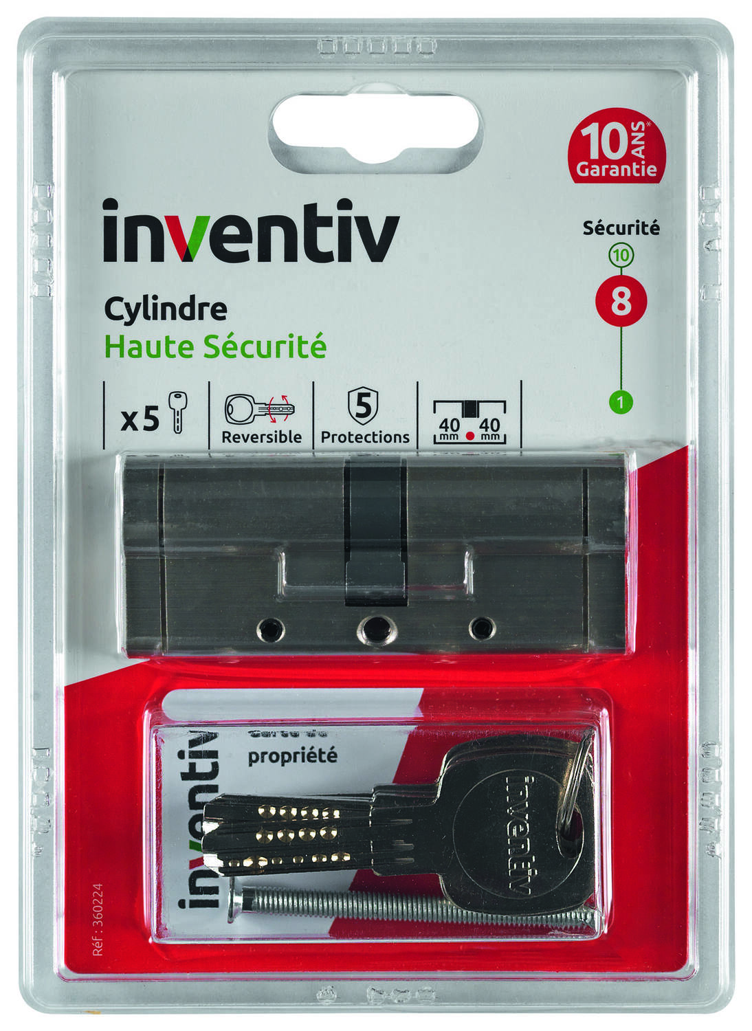 Cylindre de Serrure Haute Sécurité 5 Protections L.40+40mm - INVENTIV