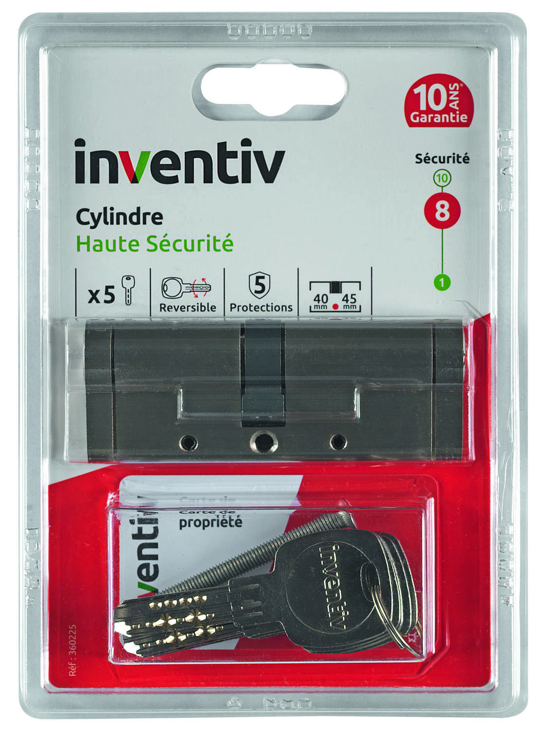 Cylindre de Serrure Haute Sécurité 5 Protections L.40+45mm - INVENTIV