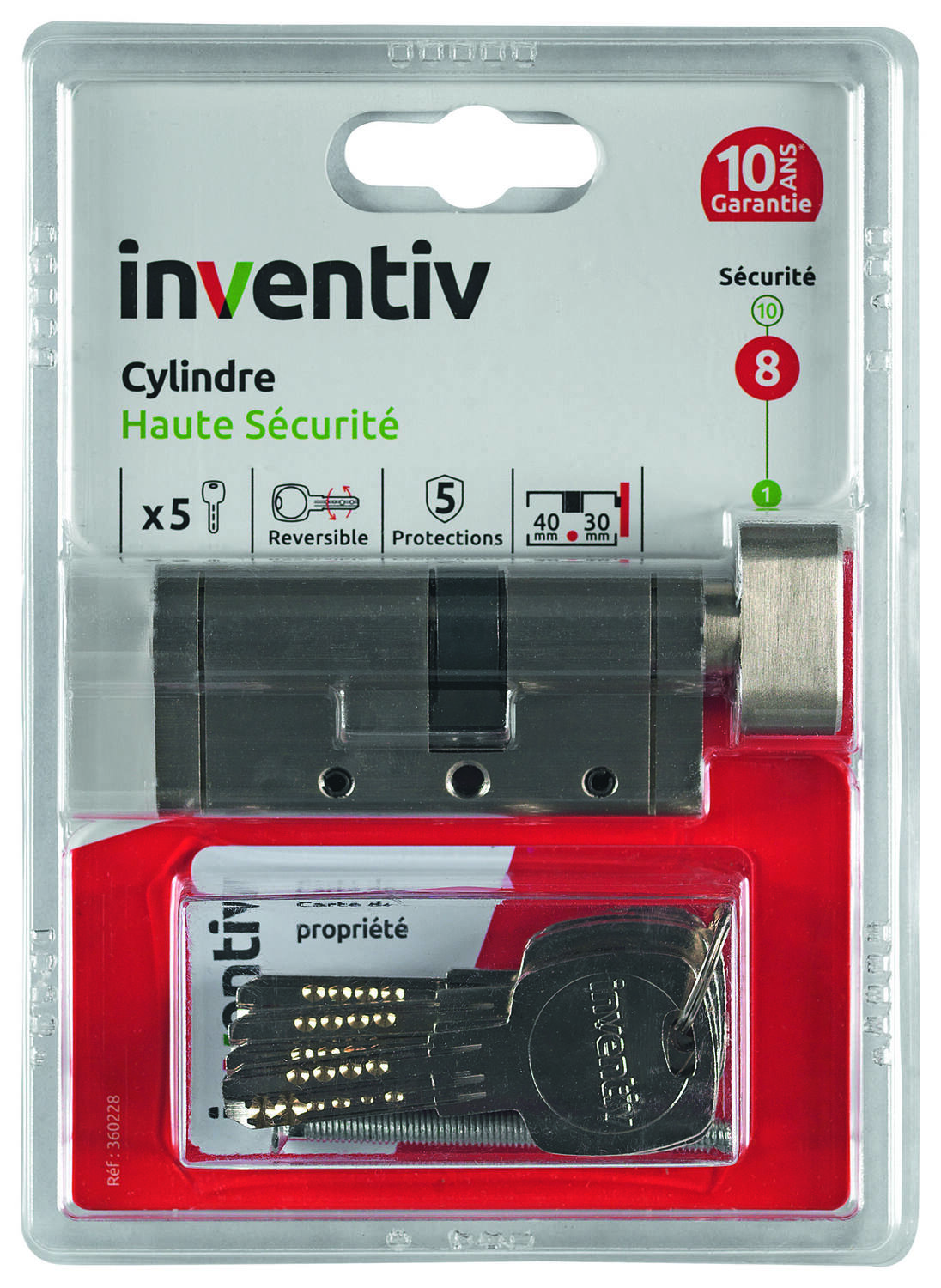 Cylindre de Serrure Haute Sécurité 5 Protections L.30+40mm - INVENTIV