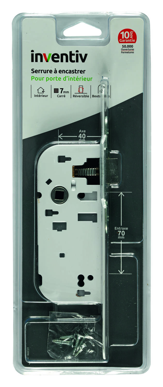 Serrure à encastrer porte sans fermeture, axe 40mm - INVENTIV