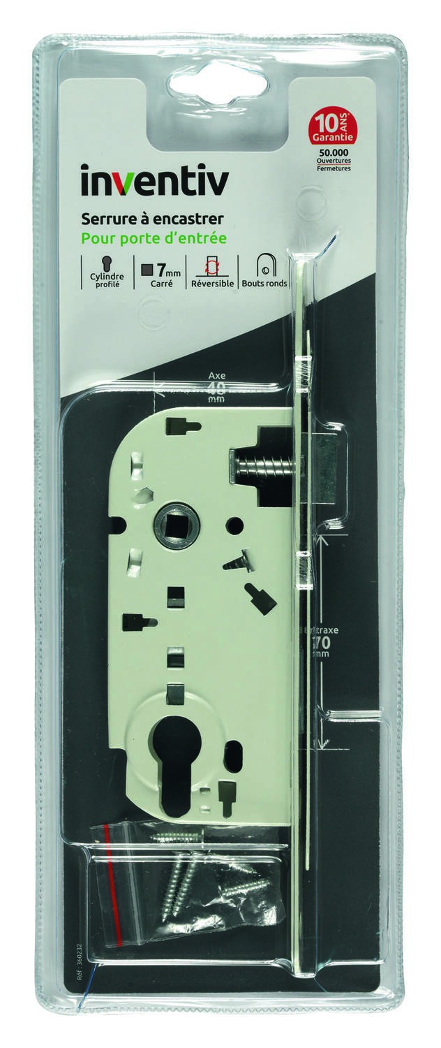 Serrure à encastrer porte d'entrée, axe 40mm - INVENTIV