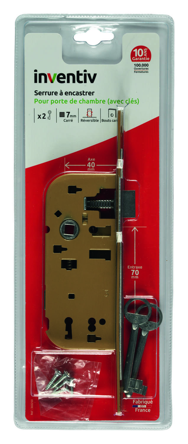 Serrure à encastrer 2 clés, axe 40mm - INVENTIV
