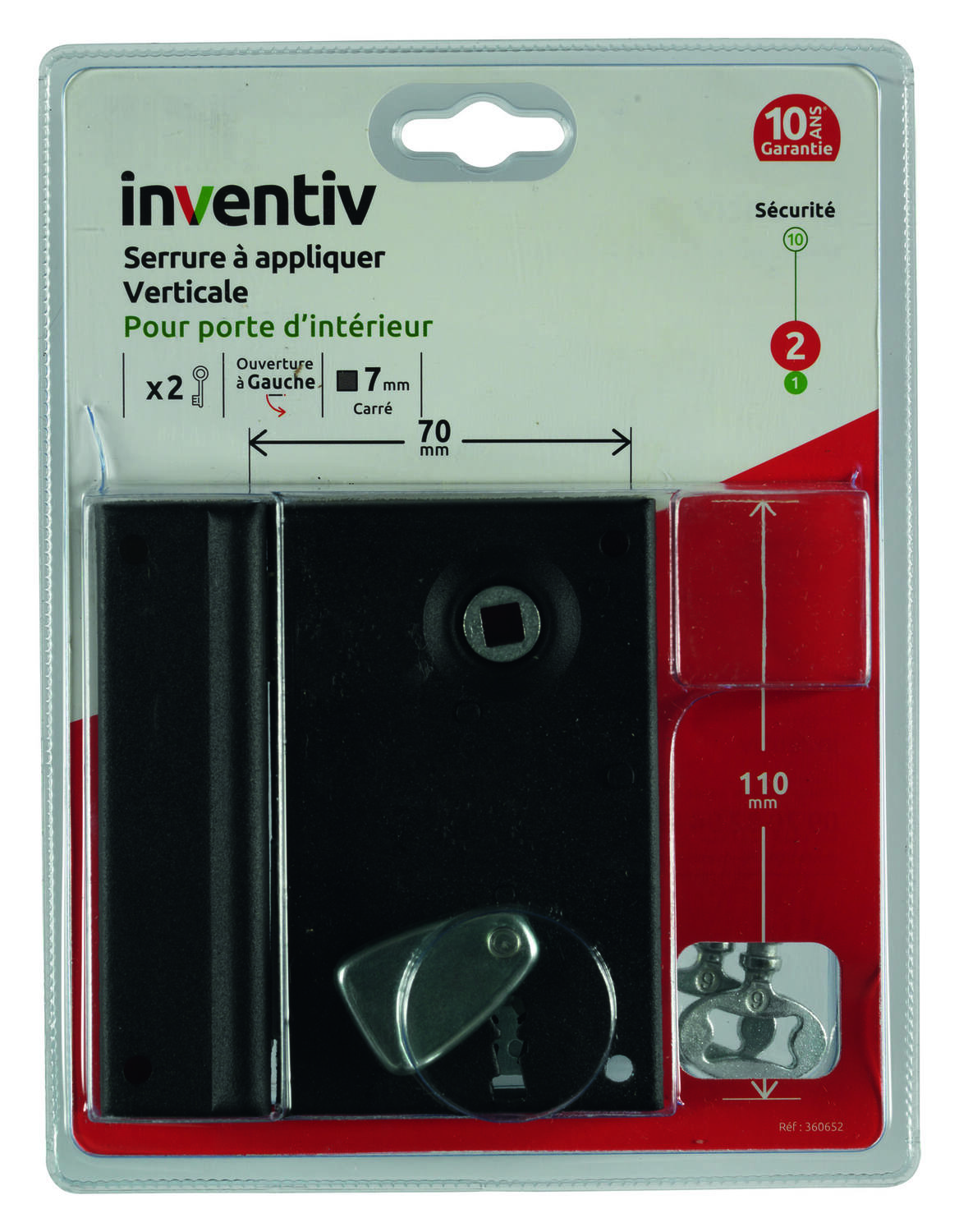 Serrure à applique verticale porte d'intérieur 70x110mm - INVENTIV