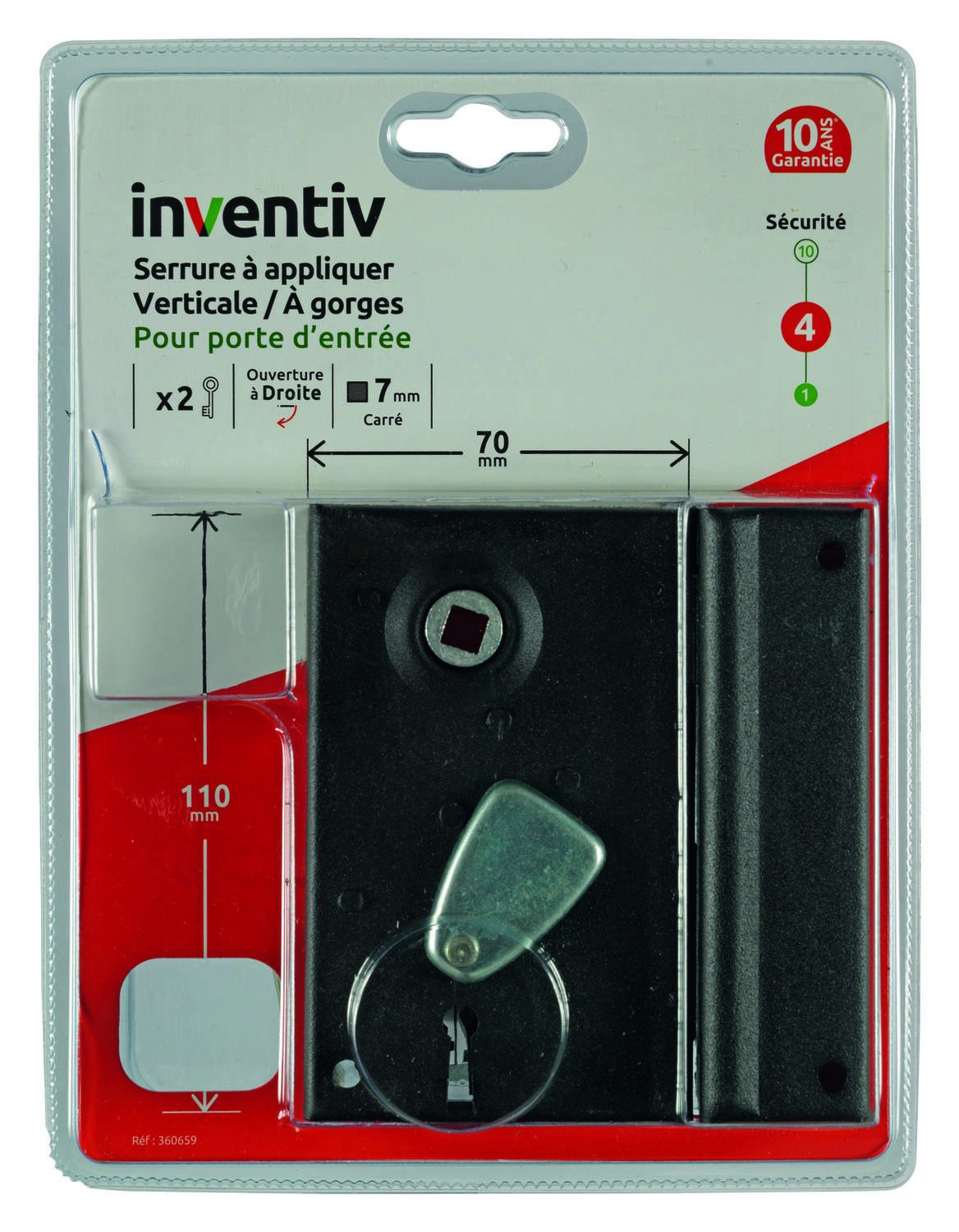 Serrure en applique verticlé 70x110mm, ouverture à droite - INVENTIV