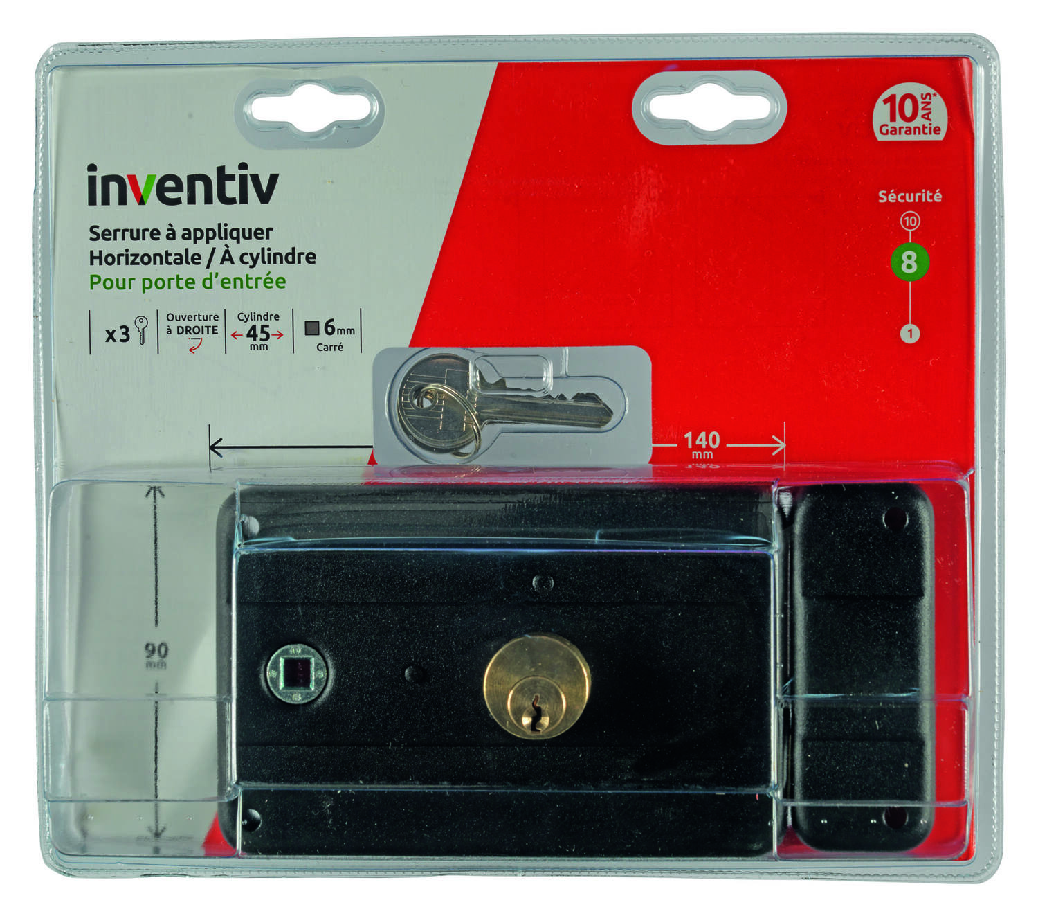 Serrure en applique horizontale 140x90mm, ouverture droite - INVENTIV