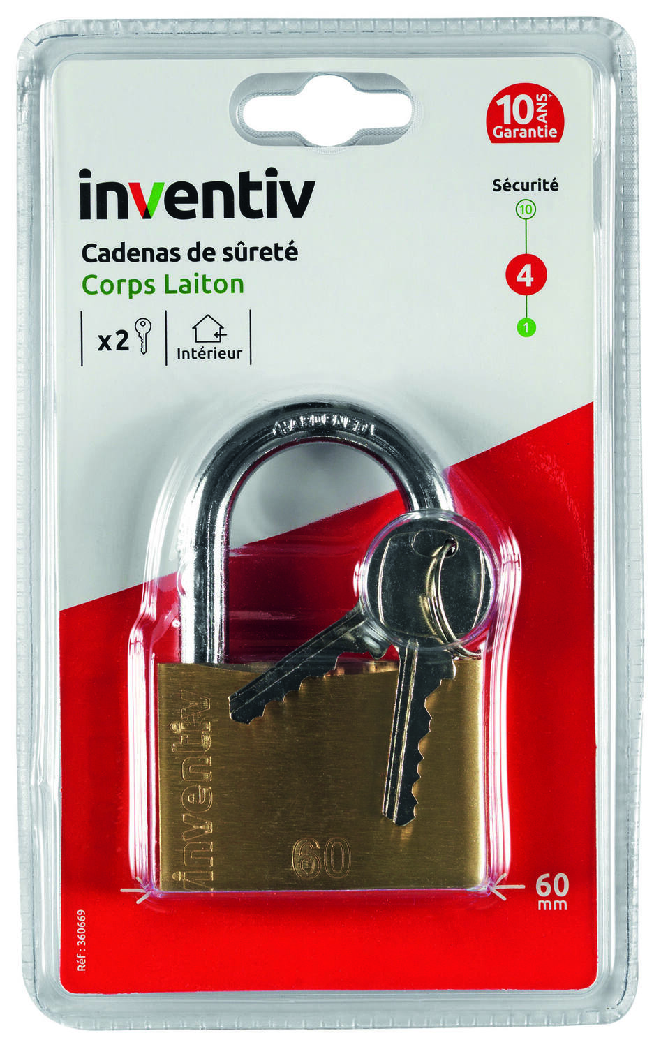 Cadenas + 2 clés laiton 60 mm - INVENTIV