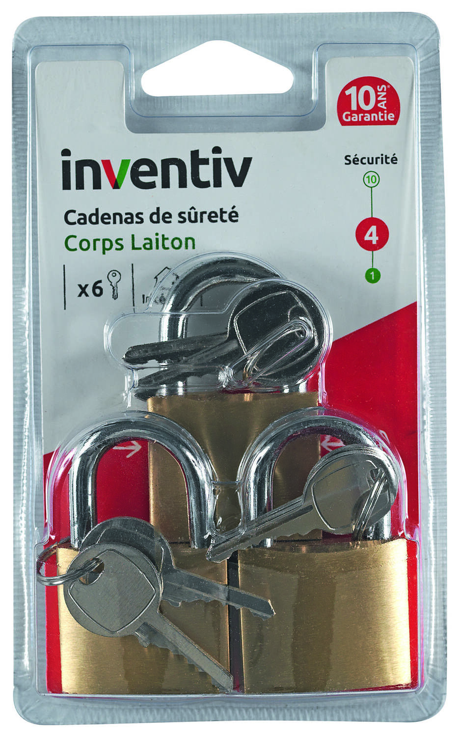 3 Cadenas + 2 Clés Laiton 40mm - INVENTIV