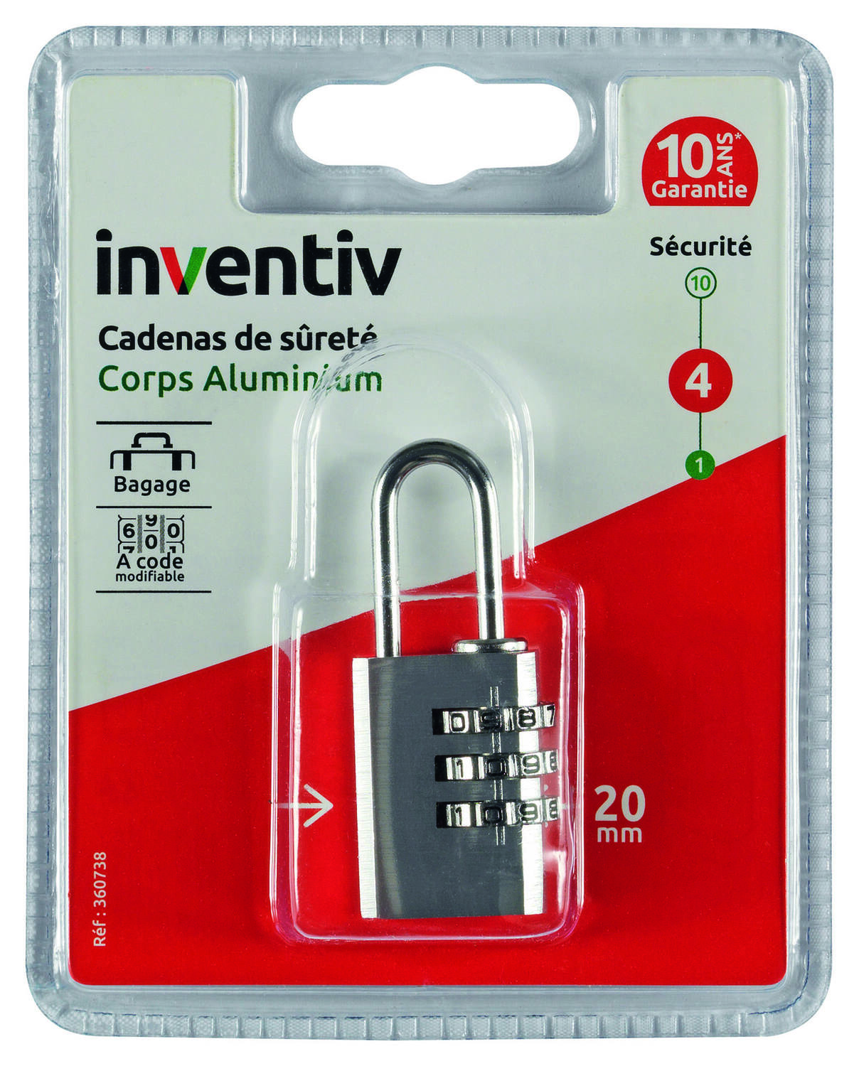 Cadenas à 3 Codes Aluminium 20mm - INVENTIV