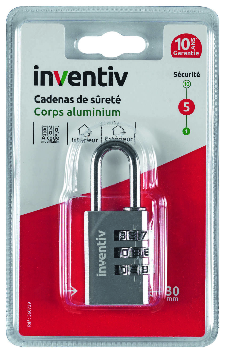 Cadenas à 3 Codes Corps Aluminium 30mm - INVENTIV