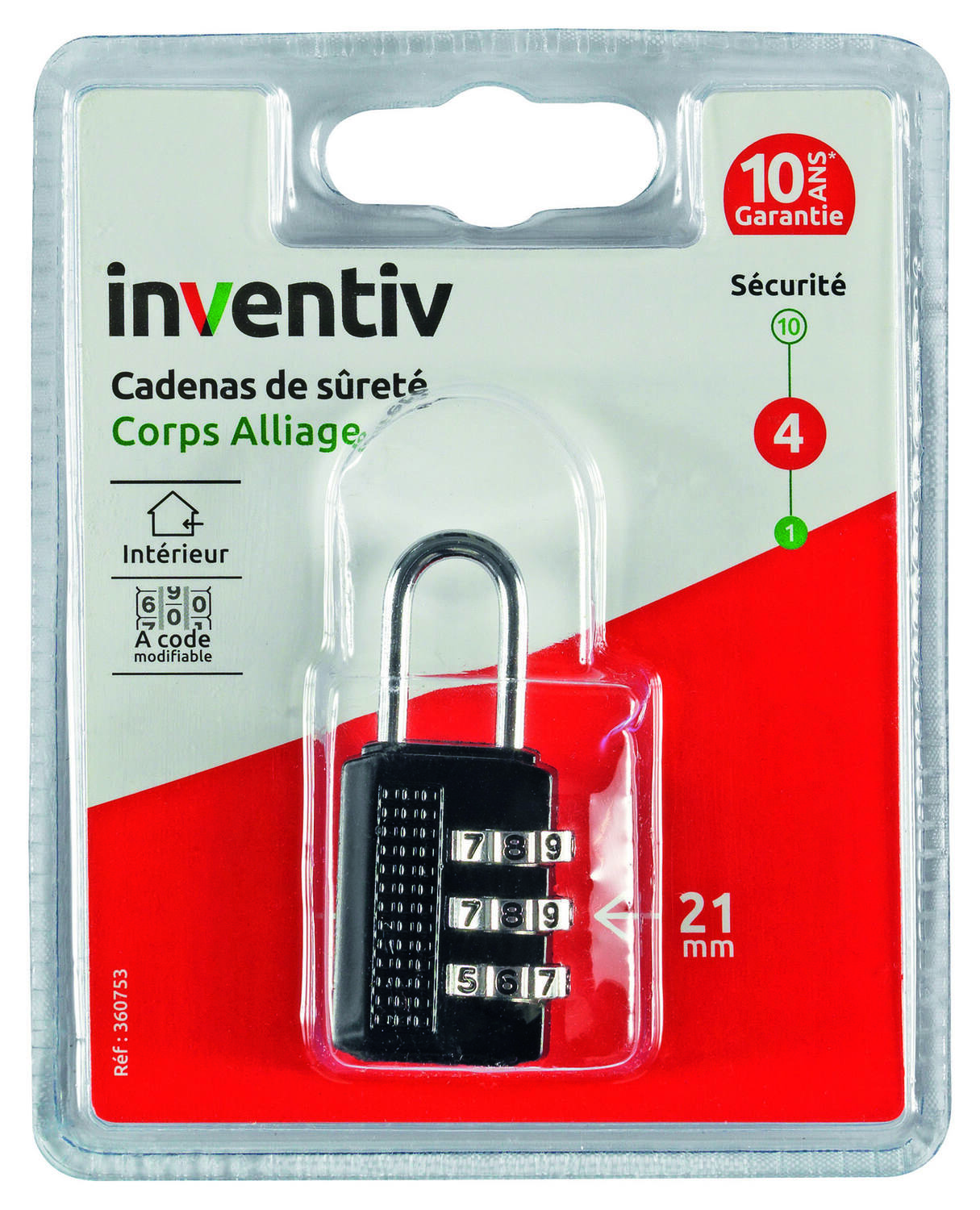 Cadenas à 3 Codes Plastique 21mm - INVENTIV