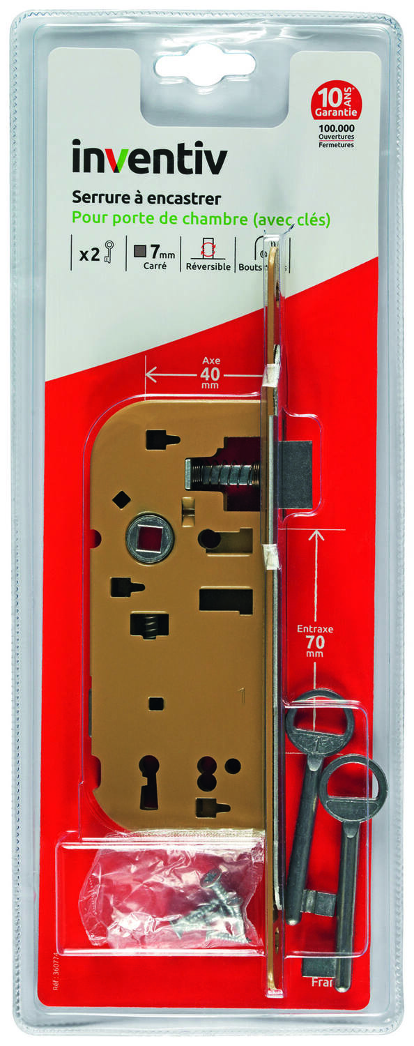Serrure à encastrer avec 2 clés fournies axe 40mm - INVENTIV