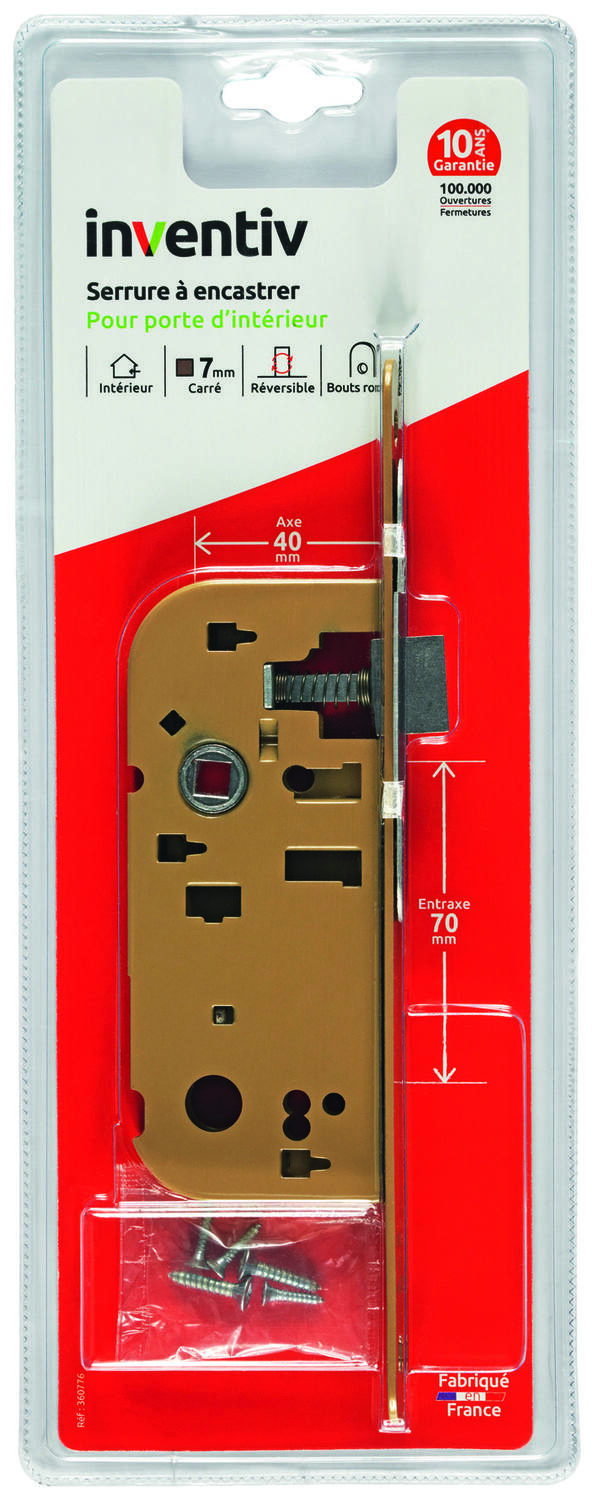 Serrure à encastrer porte sans fermeture axe 40mm - INVENTIV