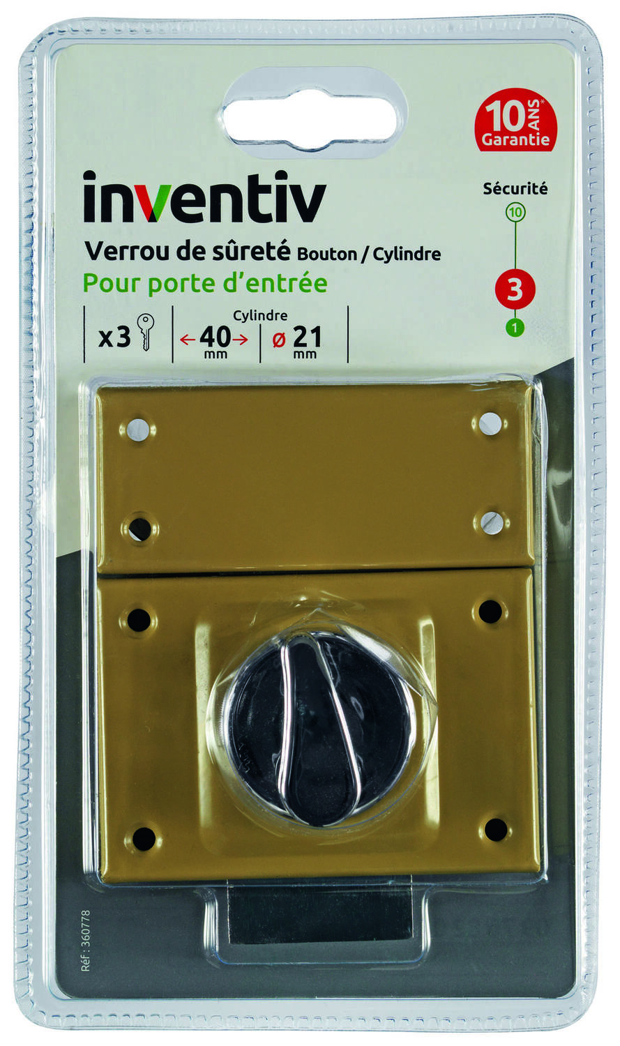 Verrou de sûreté porte d'entrée cylindre ∅21mm L.40mm - INVENTIV