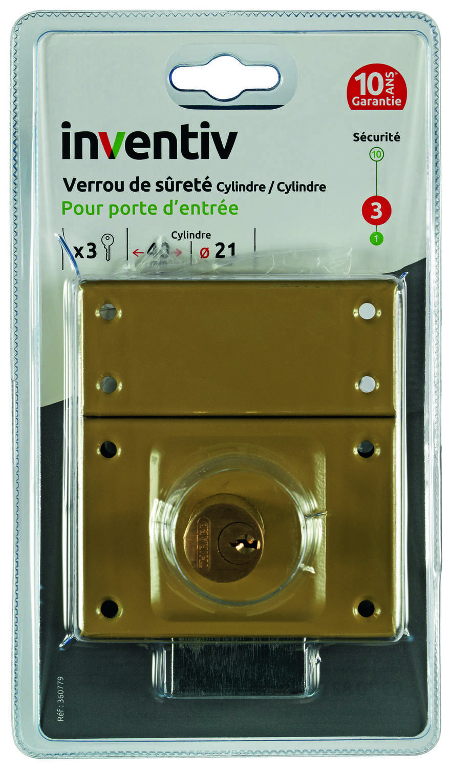 Verrou de sûreté porte d'entrée double cylindre ∅21mm L.40mm - INVENTIV