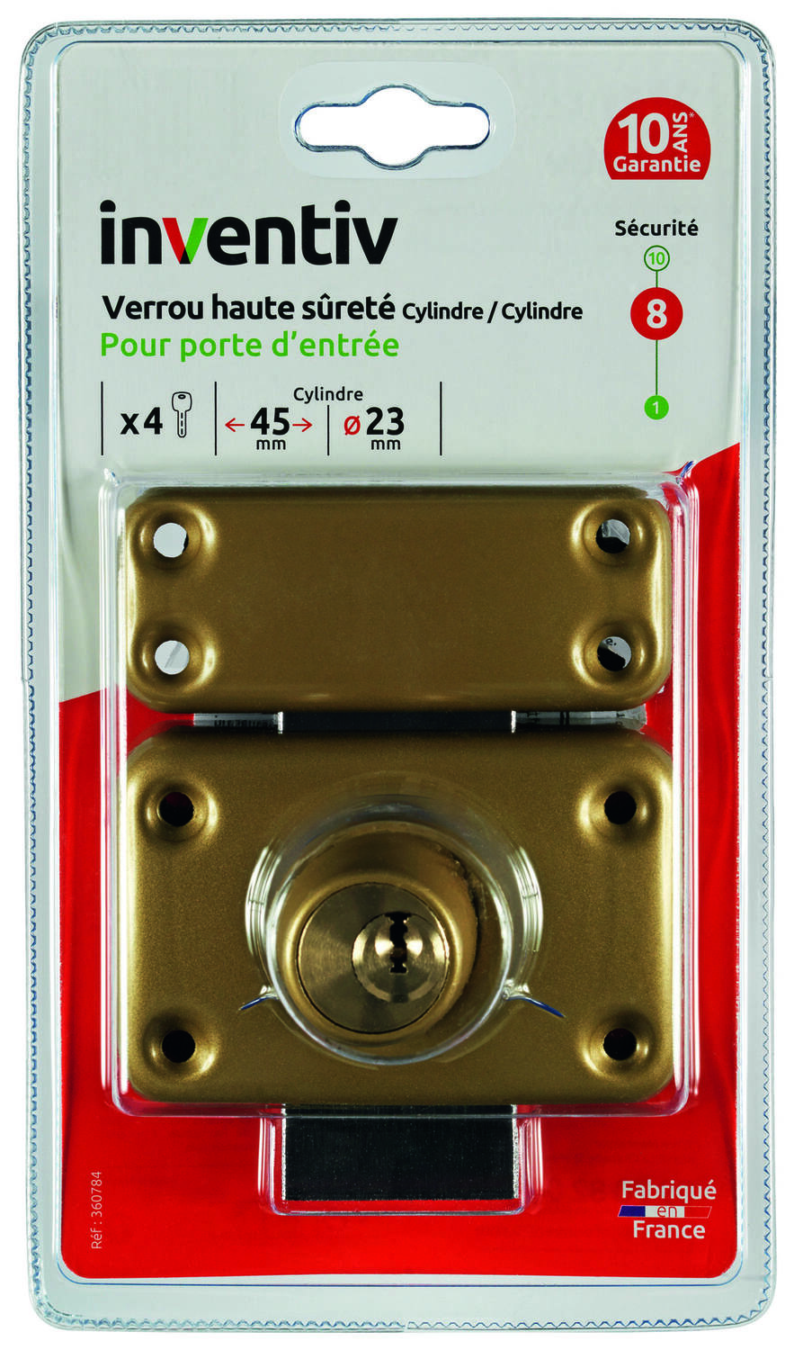 Verrou haute sécurité porte d'entrée double cylindre diam 23mm L.45mm - INVENTIV