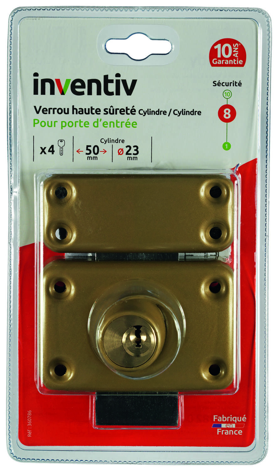 Verrou haute sécurité porte d'entrée double cylindre Ø23xL.50mm - INVENTIV