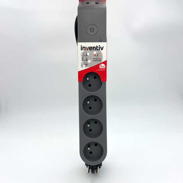 Multiprise 5 Prises 2P+T 16A Interrupteur 2 USB 1,50m Gris Noir - INVENTIV