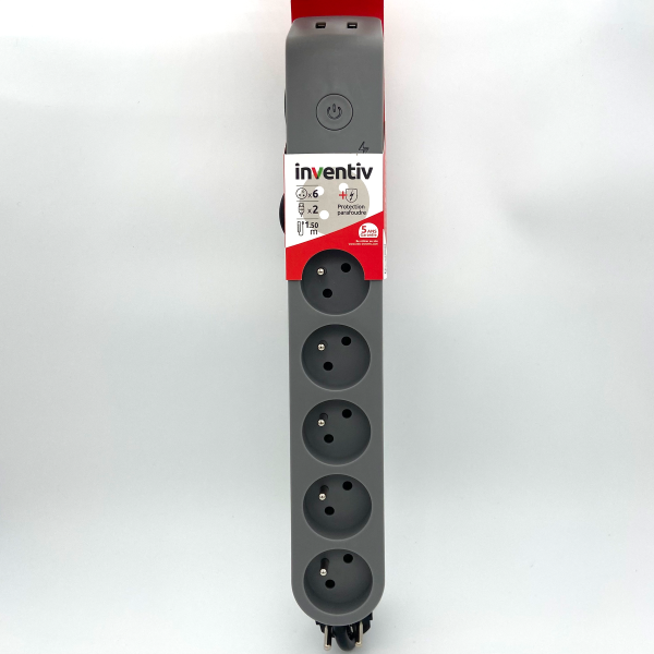 Bloc 6 Prises 2P+T + 2 USB avec Parasurtenseur Gris/ Noir - INVENTIV
