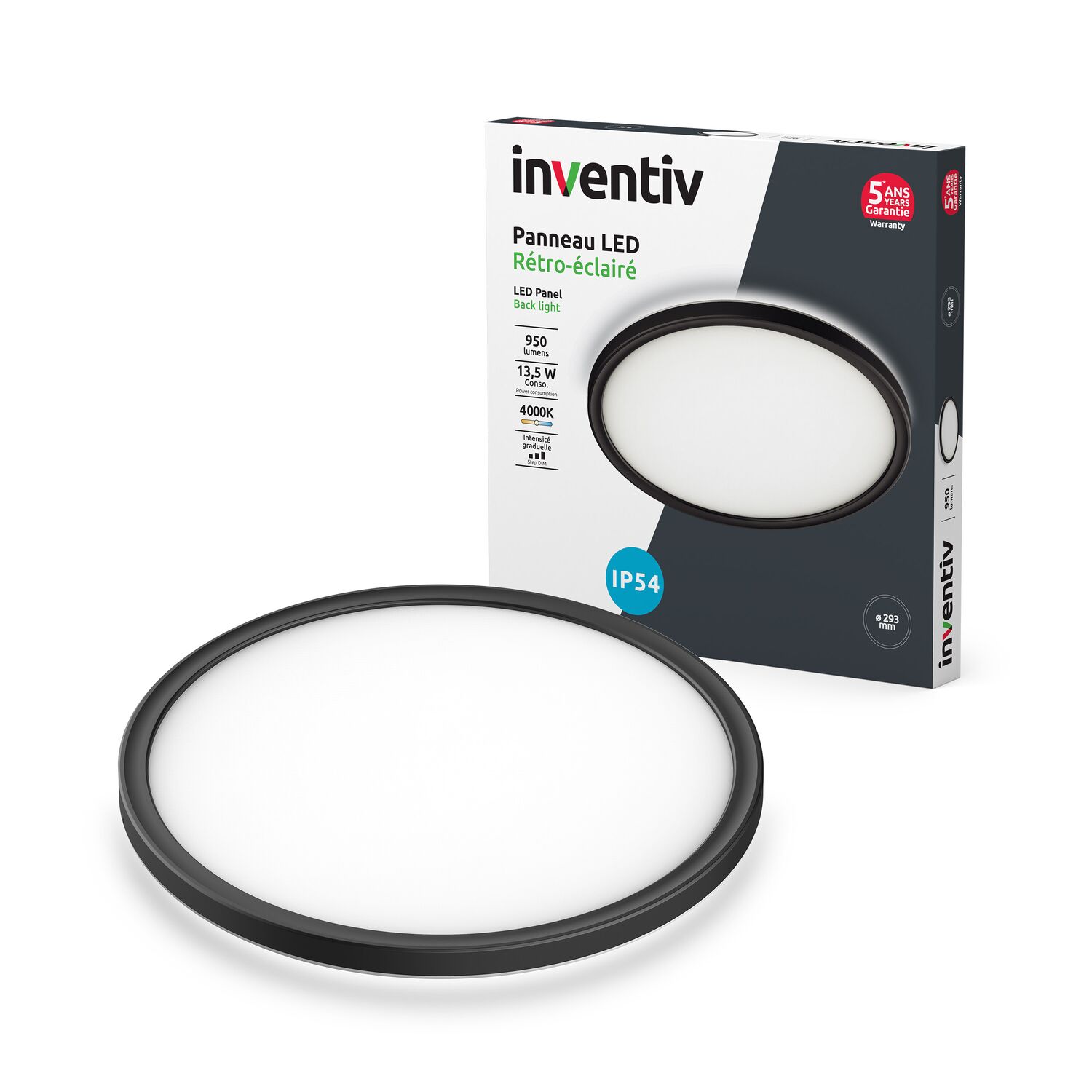 Panneau LED rétro-éclairé 950Lm 13,5W Ø29,3cm noir - INVENTIV