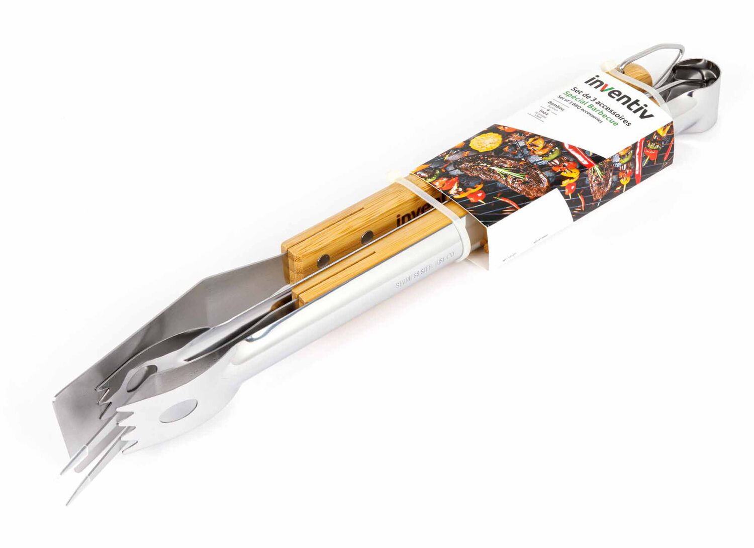 Set Barbecue 3 pièces (pince + spatule + fourchette manche bambou) - INVENTIV