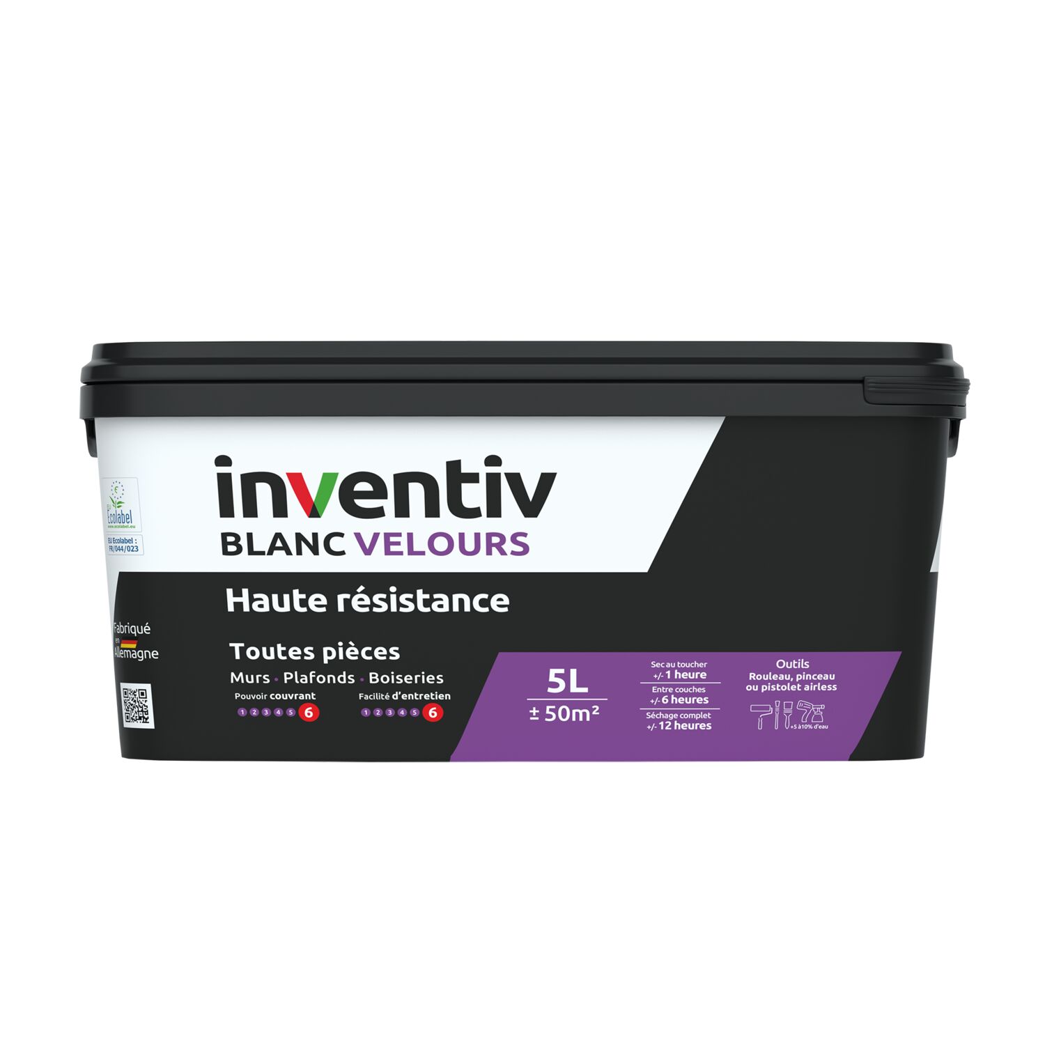 Peinture murs/plafonds haute résistance Blanc velours 5L  - INVENTIV