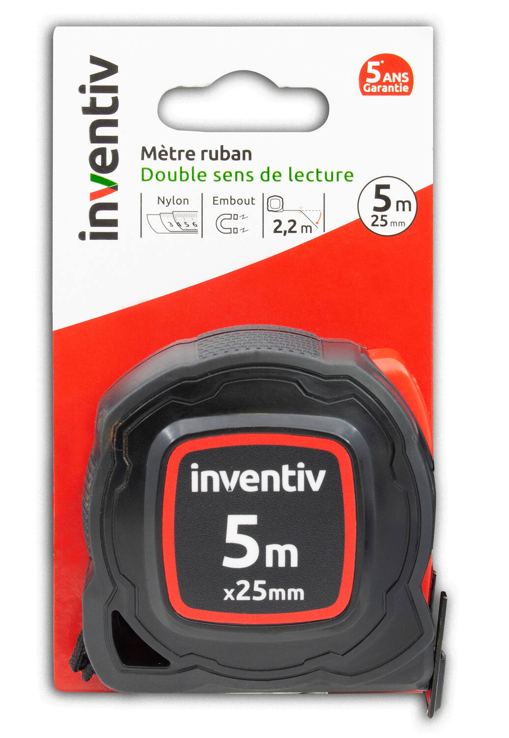 Mètre ruban Premium bi-matière 5m x 25 mm - INVENTIV