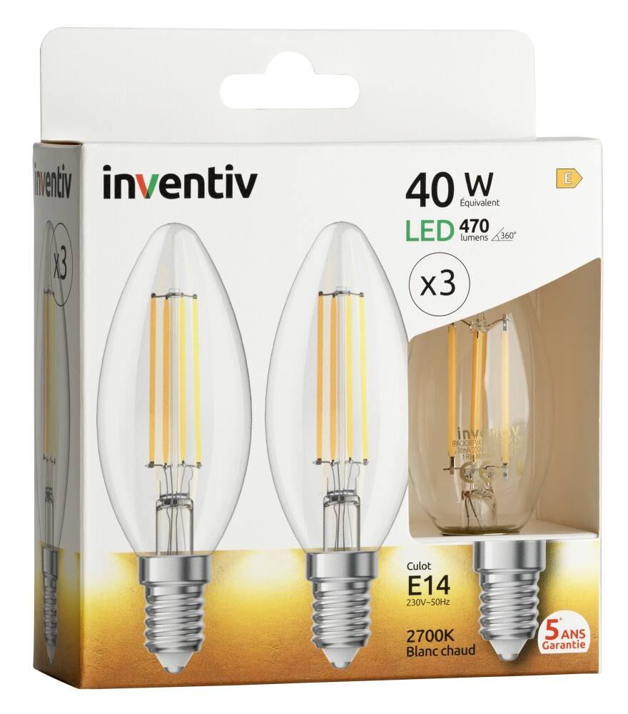 3 ampoules Filament LED Flamme Transparent E14 470Lm 40W 2700K Blanc chaud - INVENTIV