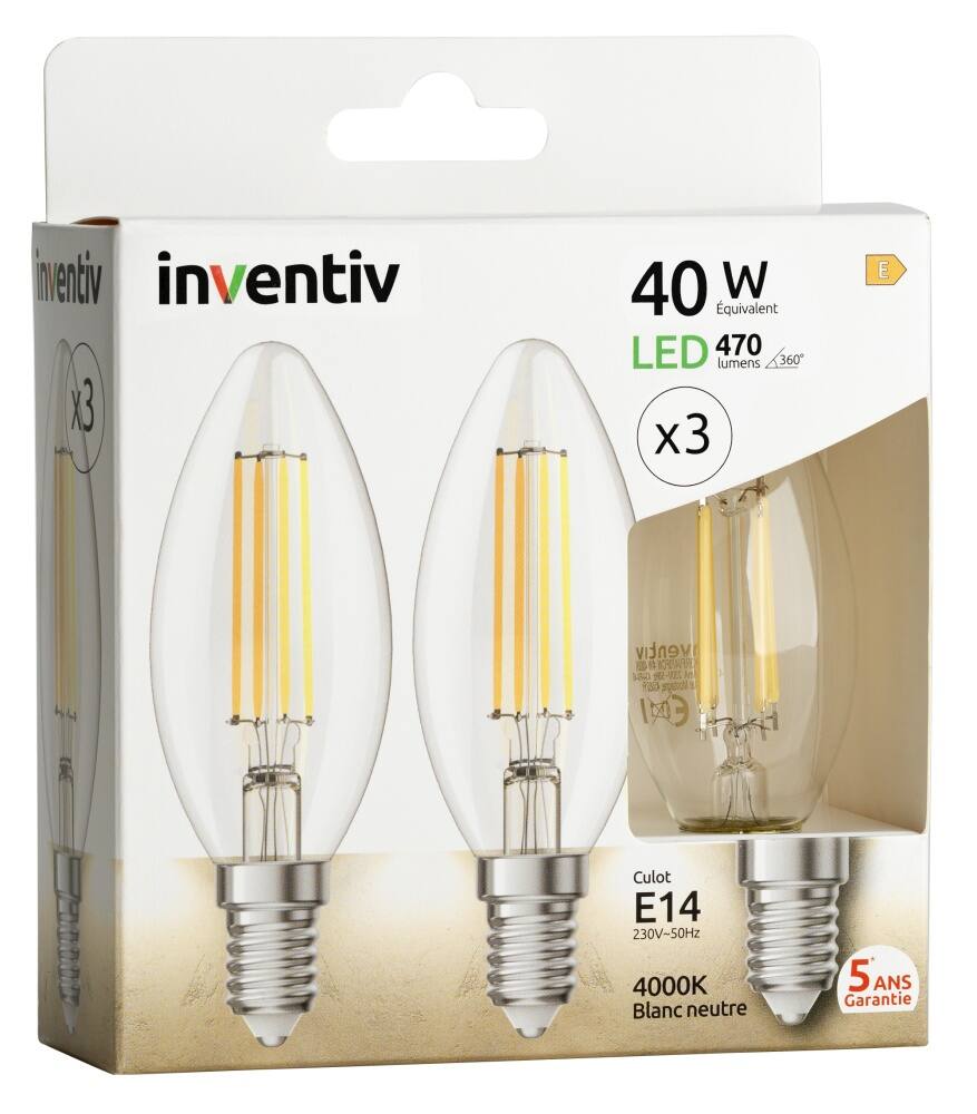 3 ampoules Filament LED Flamme Transparent E14 470Lm 40W 4000K Blanc neutre - INVENTIV